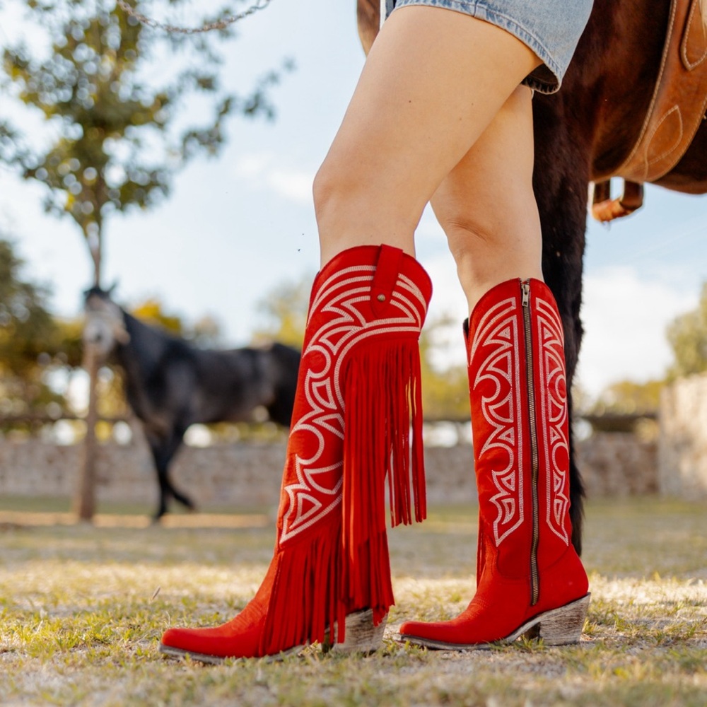 Red Fringe Knee-High Liberty Black Boots